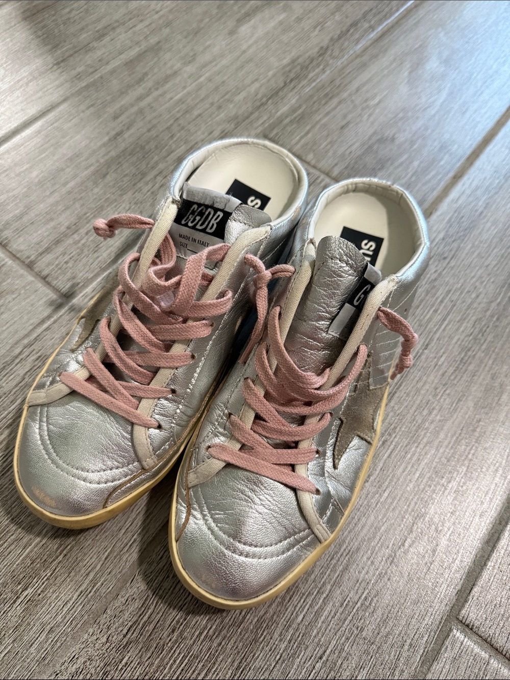 Golden Goose Metallic Silver Sabot Sneakers with Pink Laces size 39